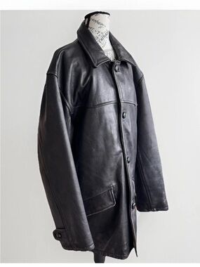 Vintage 90s Y2K American Base Black Leather Button Down Car Coat Jacket Mens XL